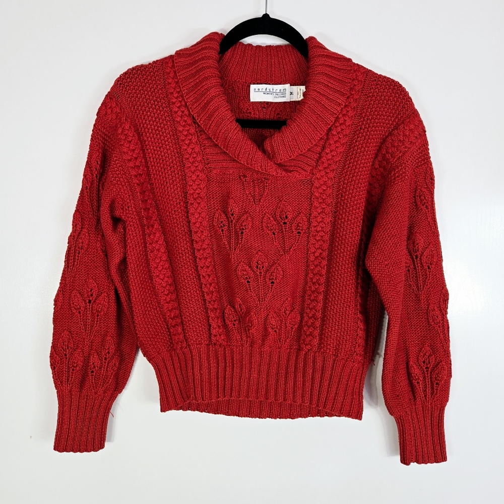 Nordstrom Pima Cotton Cable Knit Sweater Red Cowl Neck Handknit Peru Size‎ M